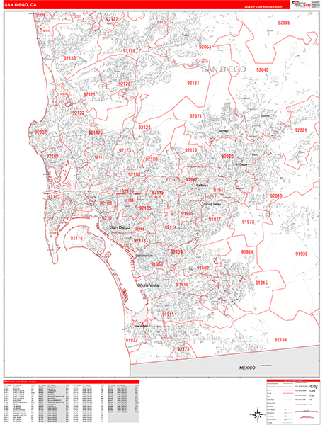 San Diego Zip Code Wall Map